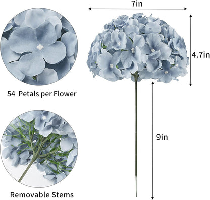 Artificial Hydrangea Silk Flower Heads with Stem Fake Blue Hydrangea Bigger Flowers for Wedding Home Garden Centerpiece Pack of 6