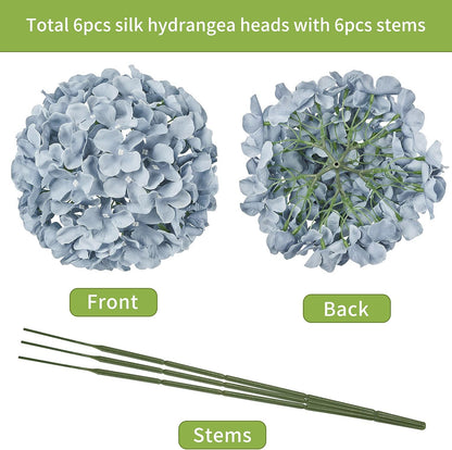 Artificial Hydrangea Silk Flower Heads with Stem Fake Blue Hydrangea Bigger Flowers for Wedding Home Garden Centerpiece Pack of 6