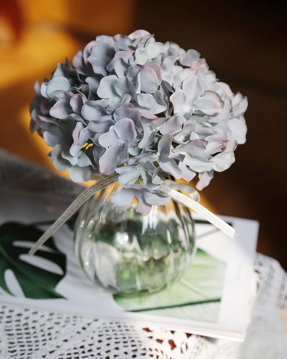 Artificial Hydrangea Silk Flower Heads with Stem Fake Blue Hydrangea Bigger Flowers for Wedding Home Garden Centerpiece Pack of 6
