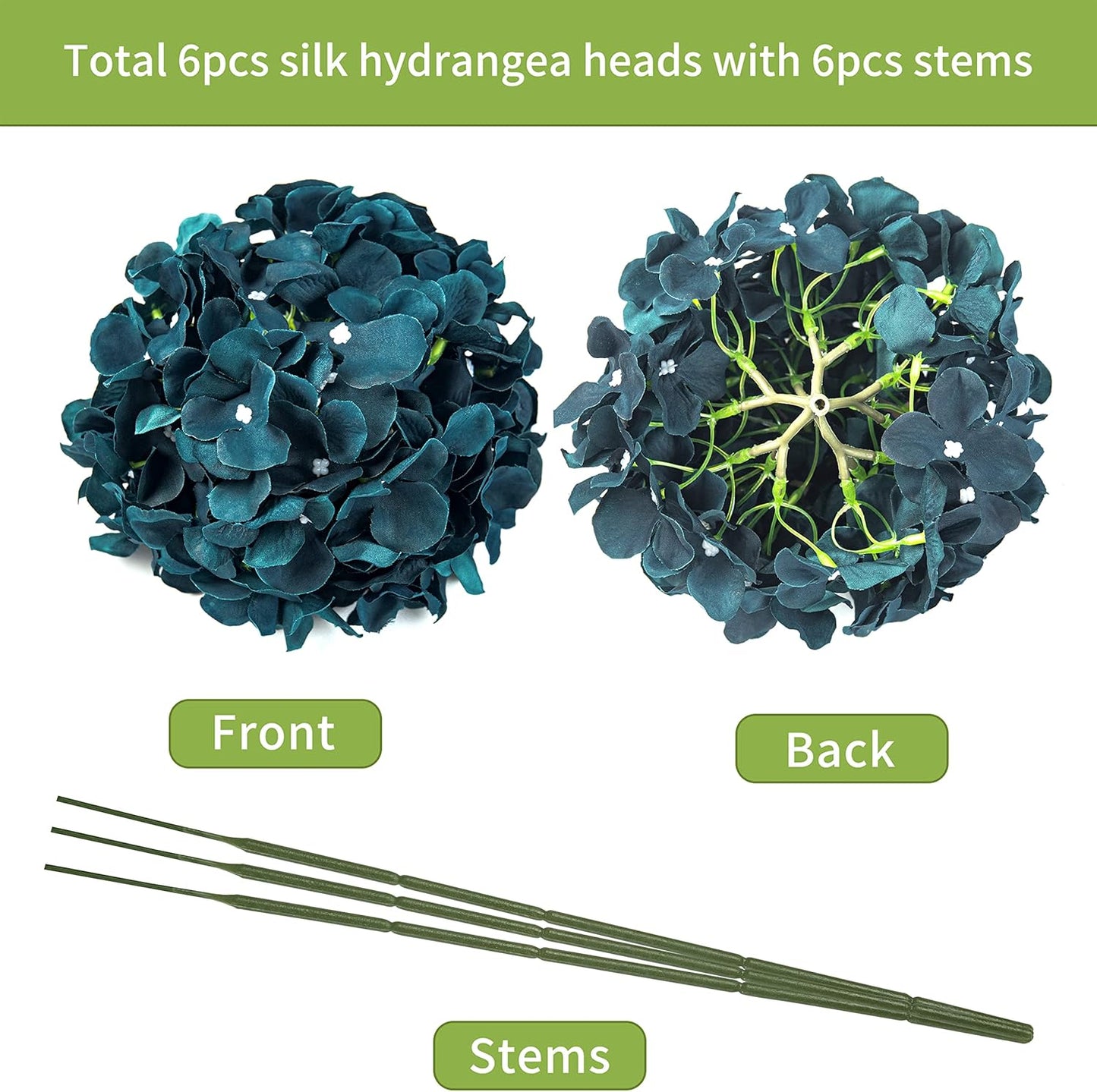 Artificial Hydrangea Silk Flower Heads with Stem Fake Blue Hydrangea Bigger Flowers for Wedding Home Garden Centerpiece Pack of 6