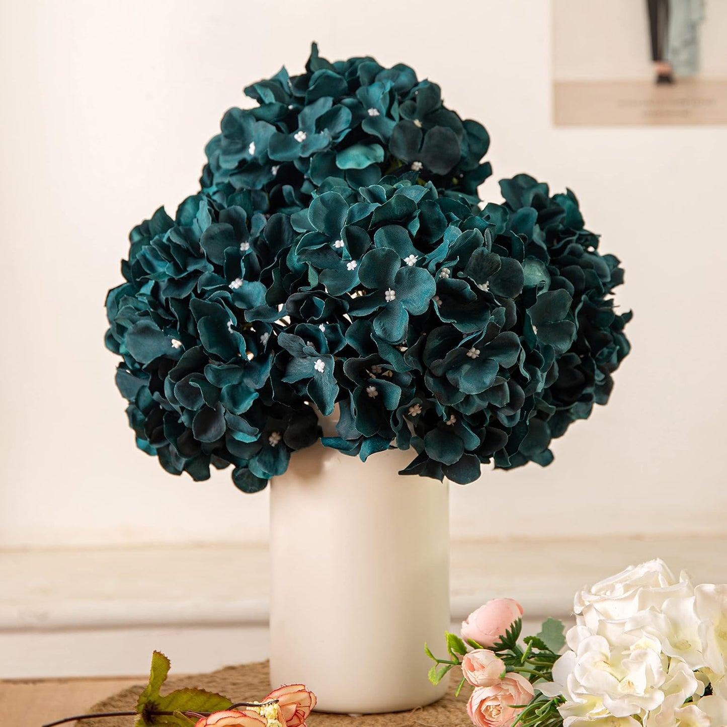 Artificial Hydrangea Silk Flower Heads with Stem Fake Blue Hydrangea Bigger Flowers for Wedding Home Garden Centerpiece Pack of 6