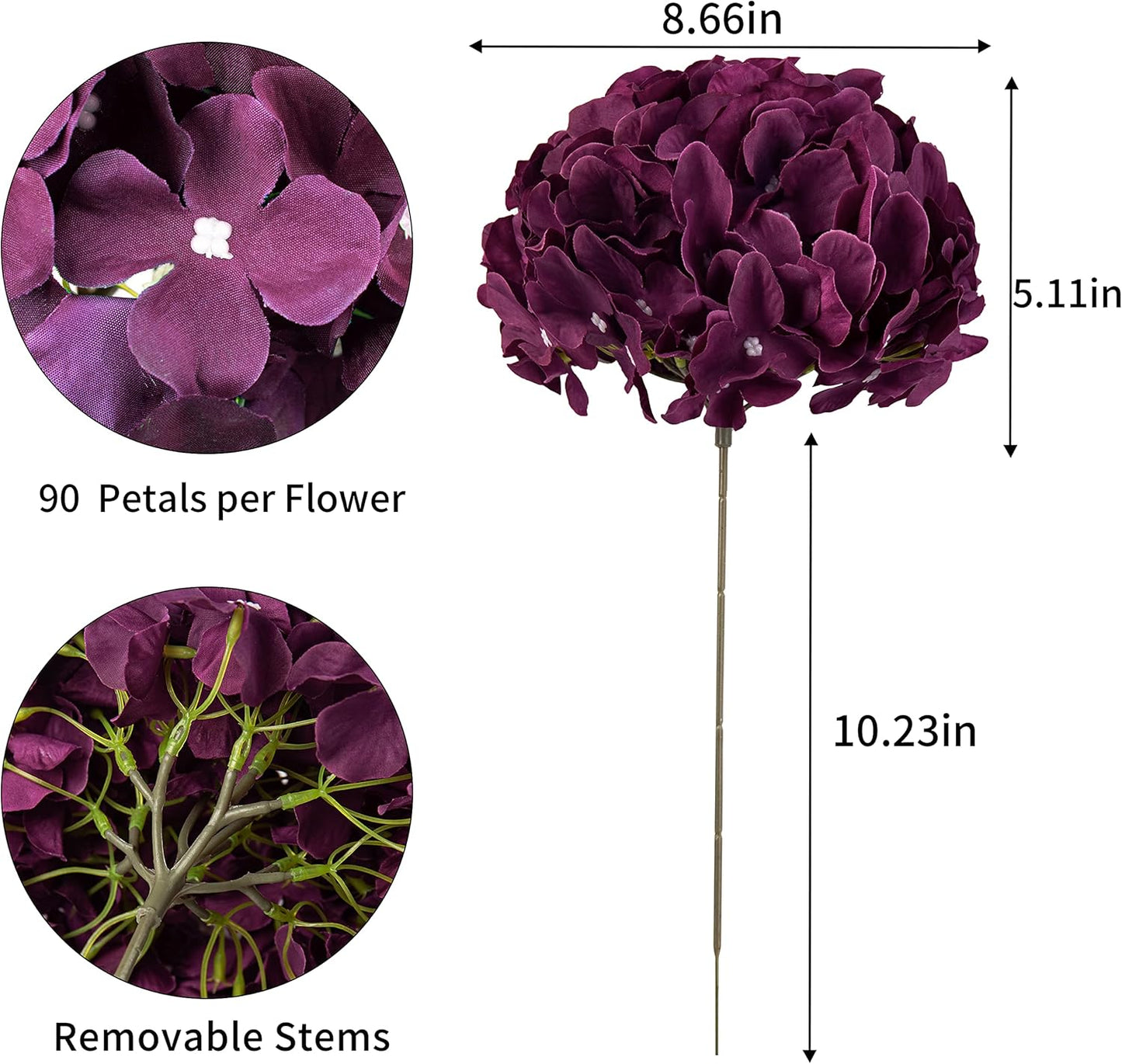 Artificial Hydrangea Silk Flower Heads with Stem Fake Blue Hydrangea Bigger Flowers for Wedding Home Garden Centerpiece Pack of 6