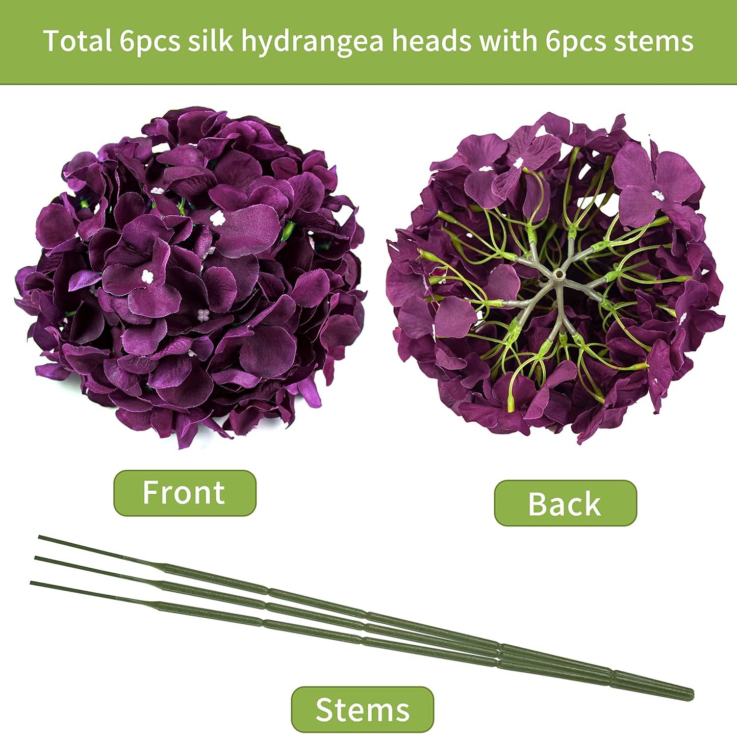 Artificial Hydrangea Silk Flower Heads with Stem Fake Blue Hydrangea Bigger Flowers for Wedding Home Garden Centerpiece Pack of 6