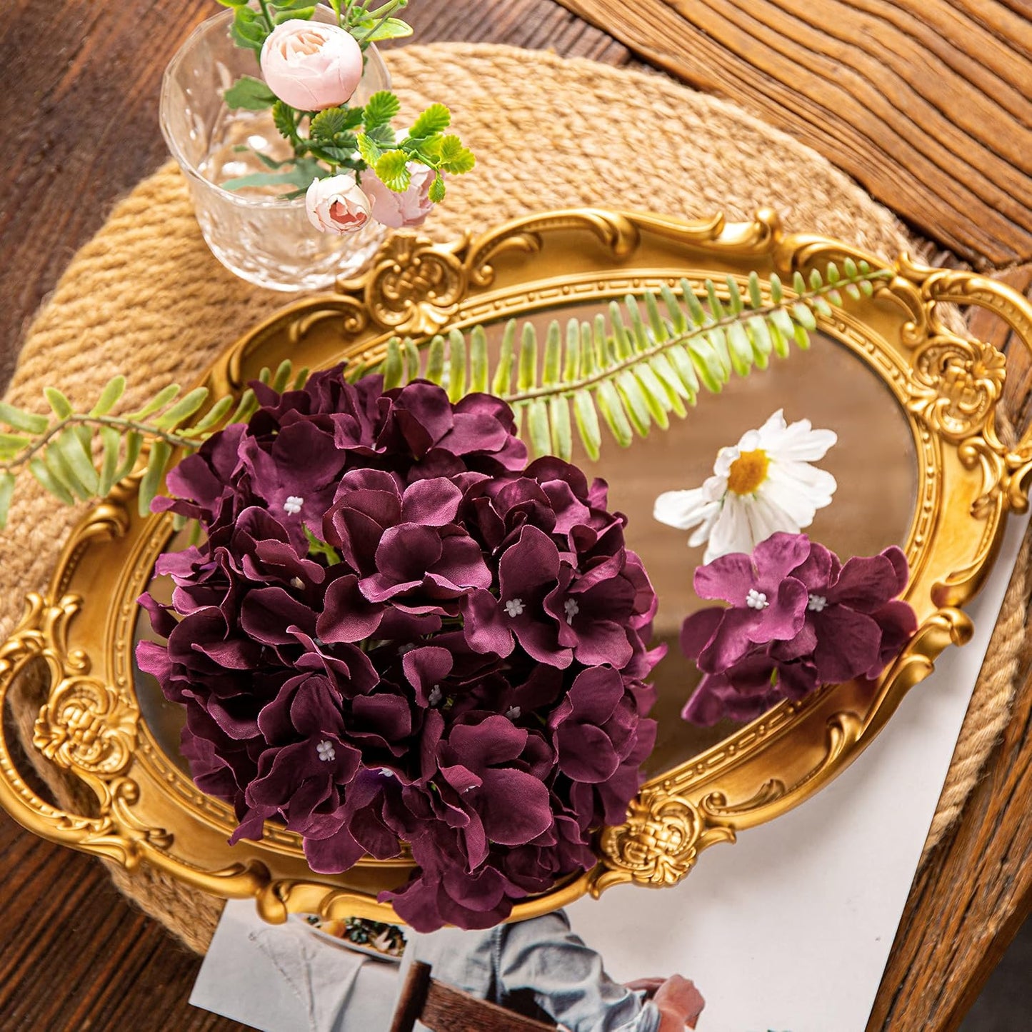 Artificial Hydrangea Silk Flower Heads with Stem Fake Blue Hydrangea Bigger Flowers for Wedding Home Garden Centerpiece Pack of 6