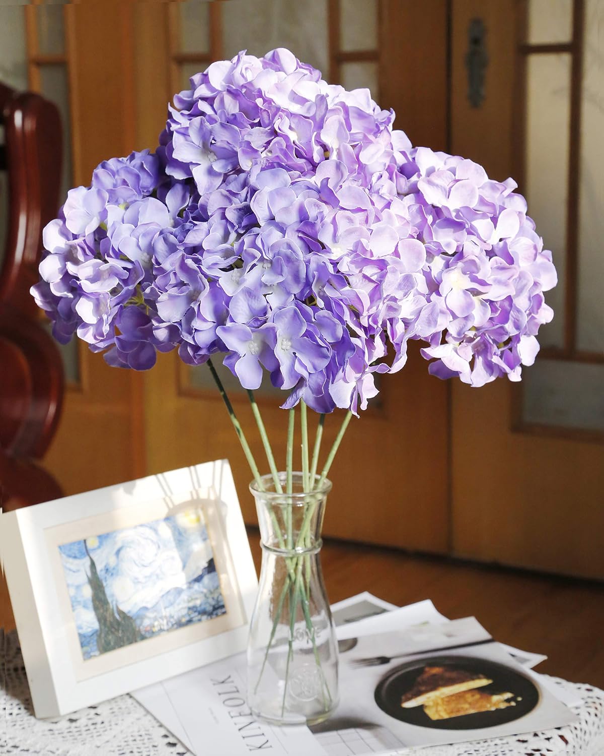 Artificial Hydrangea Silk Flower Heads with Stem Fake Blue Hydrangea Bigger Flowers for Wedding Home Garden Centerpiece Pack of 6