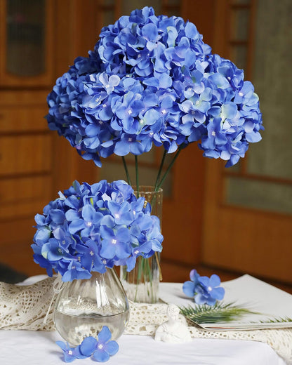 Artificial Hydrangea Silk Flower Heads with Stem Fake Blue Hydrangea Bigger Flowers for Wedding Home Garden Centerpiece Pack of 6