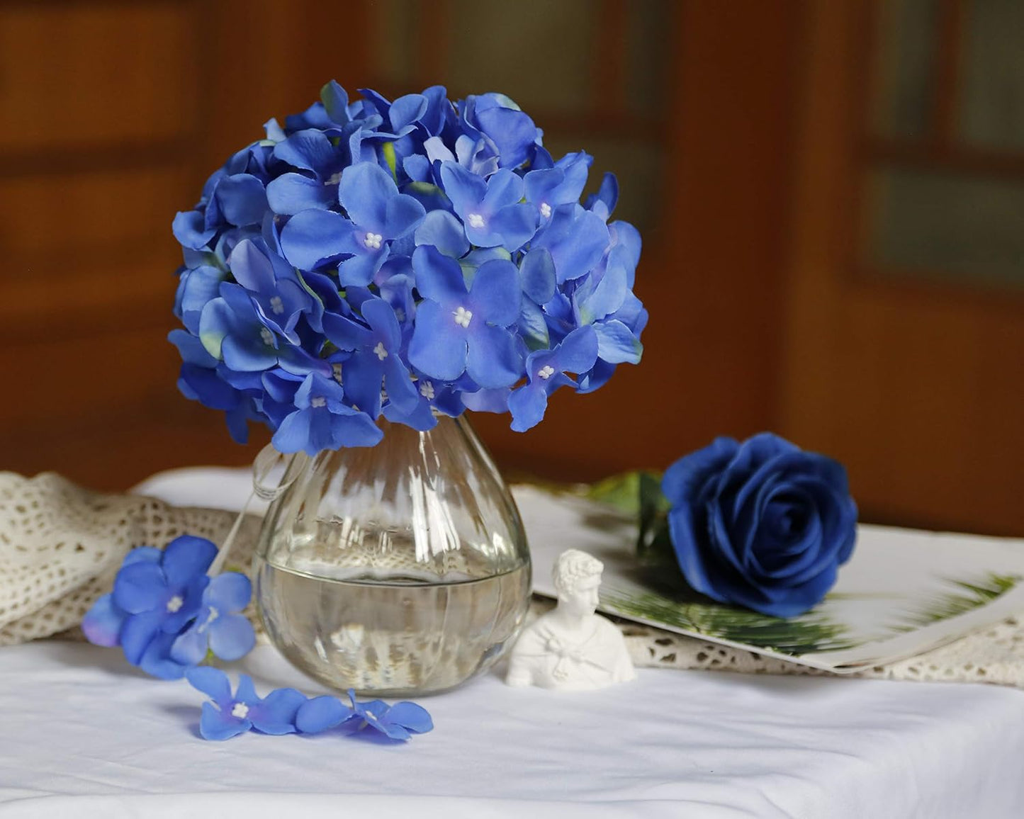 Artificial Hydrangea Silk Flower Heads with Stem Fake Blue Hydrangea Bigger Flowers for Wedding Home Garden Centerpiece Pack of 6