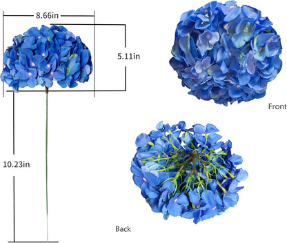 Artificial Hydrangea Silk Flower Heads with Stem Fake Blue Hydrangea Bigger Flowers for Wedding Home Garden Centerpiece Pack of 6