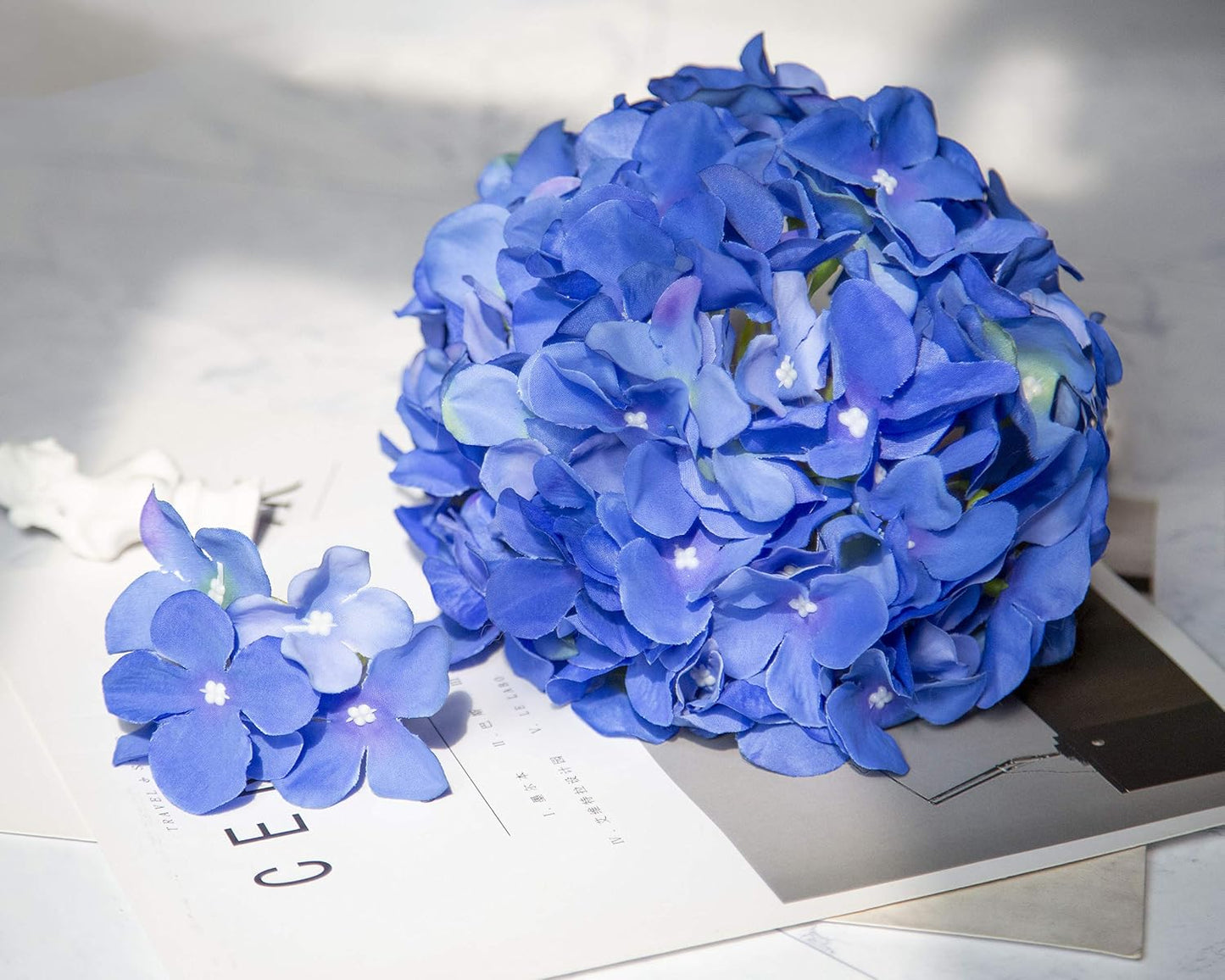 Artificial Hydrangea Silk Flower Heads with Stem Fake Blue Hydrangea Bigger Flowers for Wedding Home Garden Centerpiece Pack of 6