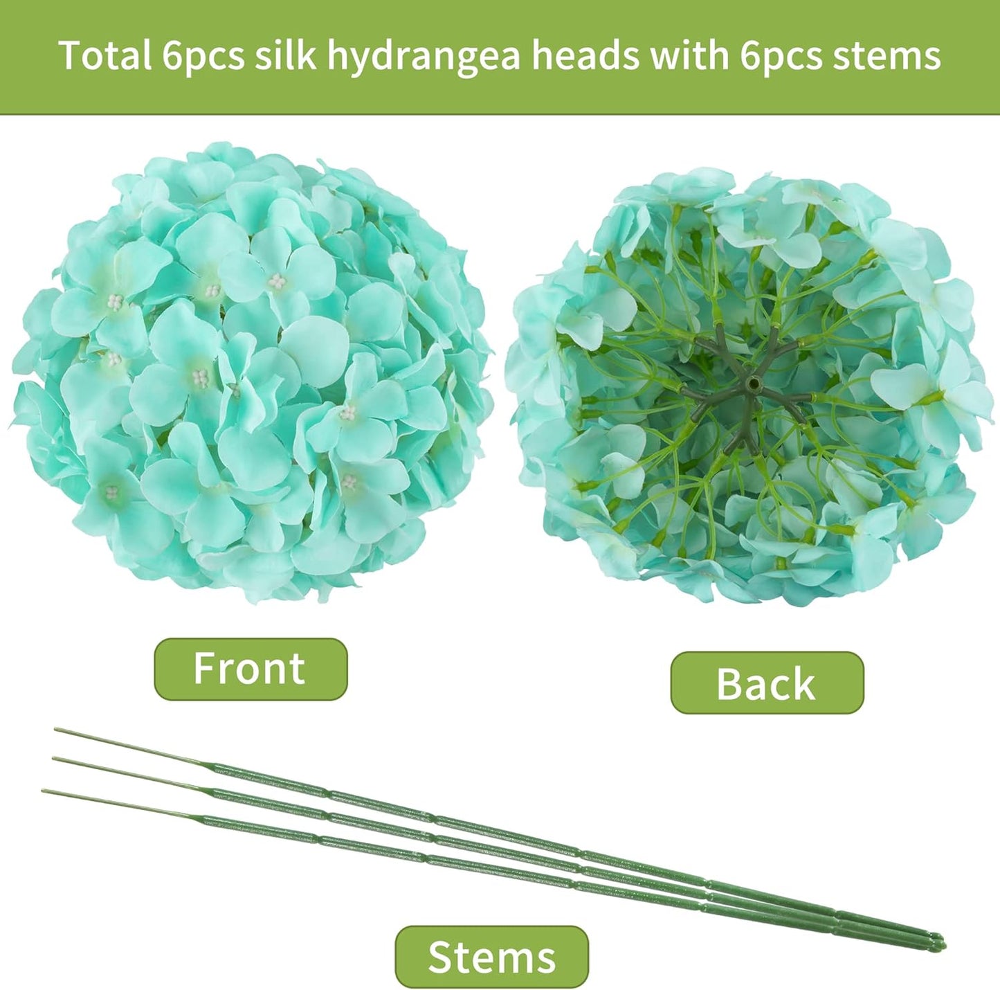 Artificial Hydrangea Silk Flower Heads with Stem Fake Blue Hydrangea Bigger Flowers for Wedding Home Garden Centerpiece Pack of 6