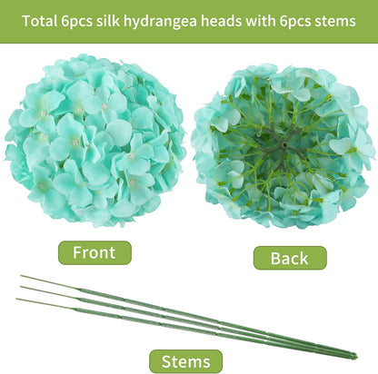 Artificial Hydrangea Silk Flower Heads with Stem Fake Blue Hydrangea Bigger Flowers for Wedding Home Garden Centerpiece Pack of 6