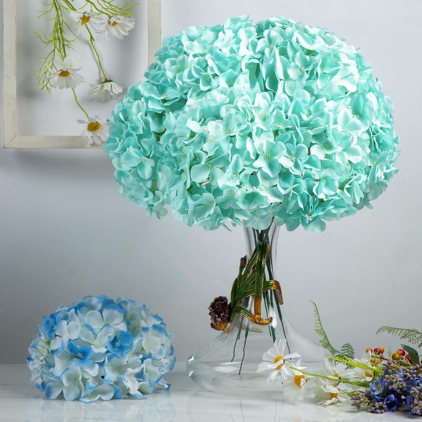 Artificial Hydrangea Silk Flower Heads with Stem Fake Blue Hydrangea Bigger Flowers for Wedding Home Garden Centerpiece Pack of 6