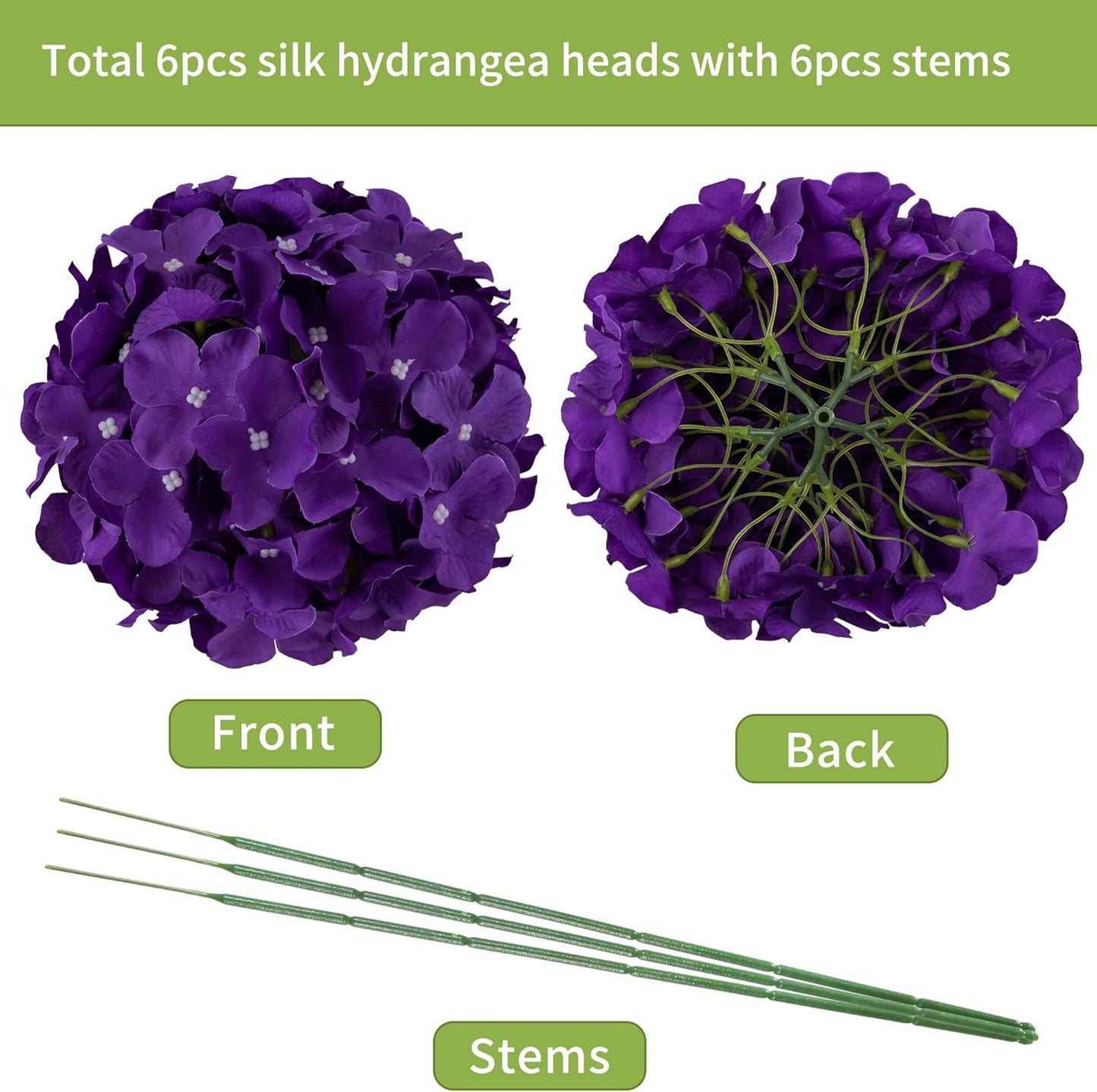 Artificial Hydrangea Silk Flower Heads with Stem Fake Blue Hydrangea Bigger Flowers for Wedding Home Garden Centerpiece Pack of 6