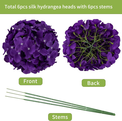 Artificial Hydrangea Silk Flower Heads with Stem Fake Blue Hydrangea Bigger Flowers for Wedding Home Garden Centerpiece Pack of 6