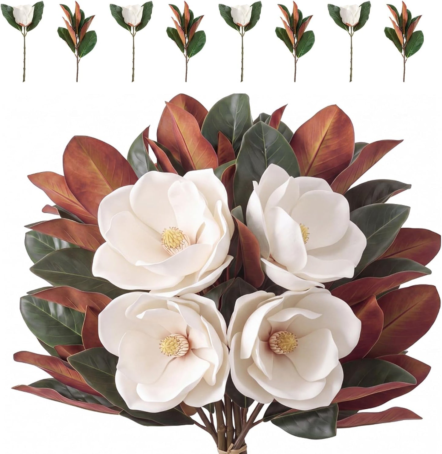 8 Pcs Magnolia Flower Set 4 White Artificial Magnolia Flower Stems 4 Branches, 15.7", 22" Faux Blooms for Wedding Bouquets, Mother's Day, Teacher Appreciation Gifts, Home Decor