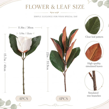 8 Pcs Magnolia Flower Set 4 White Artificial Magnolia Flower Stems 4 Branches, 15.7", 22" Faux Blooms for Wedding Bouquets, Mother's Day, Teacher Appreciation Gifts, Home Decor