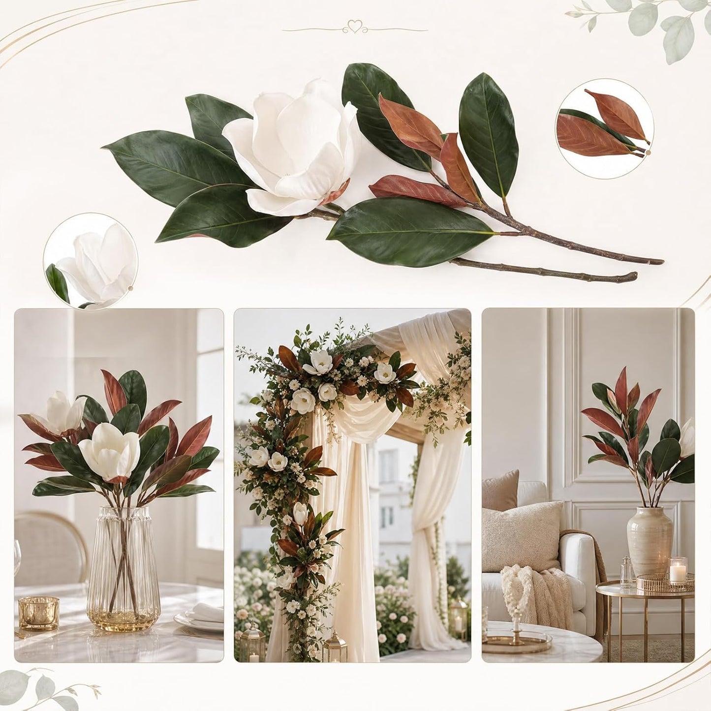 8 Pcs Magnolia Flower Set 4 White Artificial Magnolia Flower Stems 4 Branches, 15.7", 22" Faux Blooms for Wedding Bouquets, Mother's Day, Teacher Appreciation Gifts, Home Decor