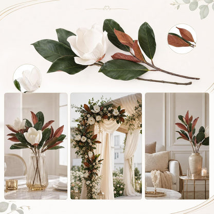 8 Pcs Magnolia Flower Set 4 White Artificial Magnolia Flower Stems 4 Branches, 15.7", 22" Faux Blooms for Wedding Bouquets, Mother's Day, Teacher Appreciation Gifts, Home Decor