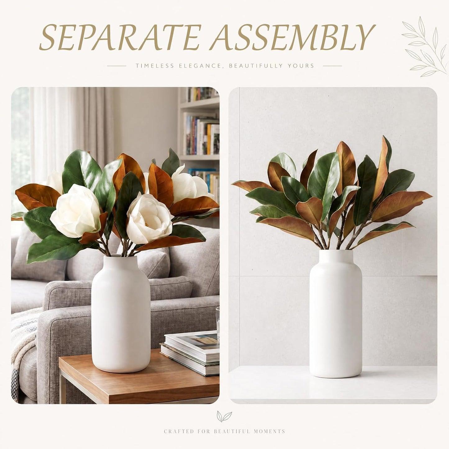 8 Pcs Magnolia Flower Set 4 White Artificial Magnolia Flower Stems 4 Branches, 15.7", 22" Faux Blooms for Wedding Bouquets, Mother's Day, Teacher Appreciation Gifts, Home Decor