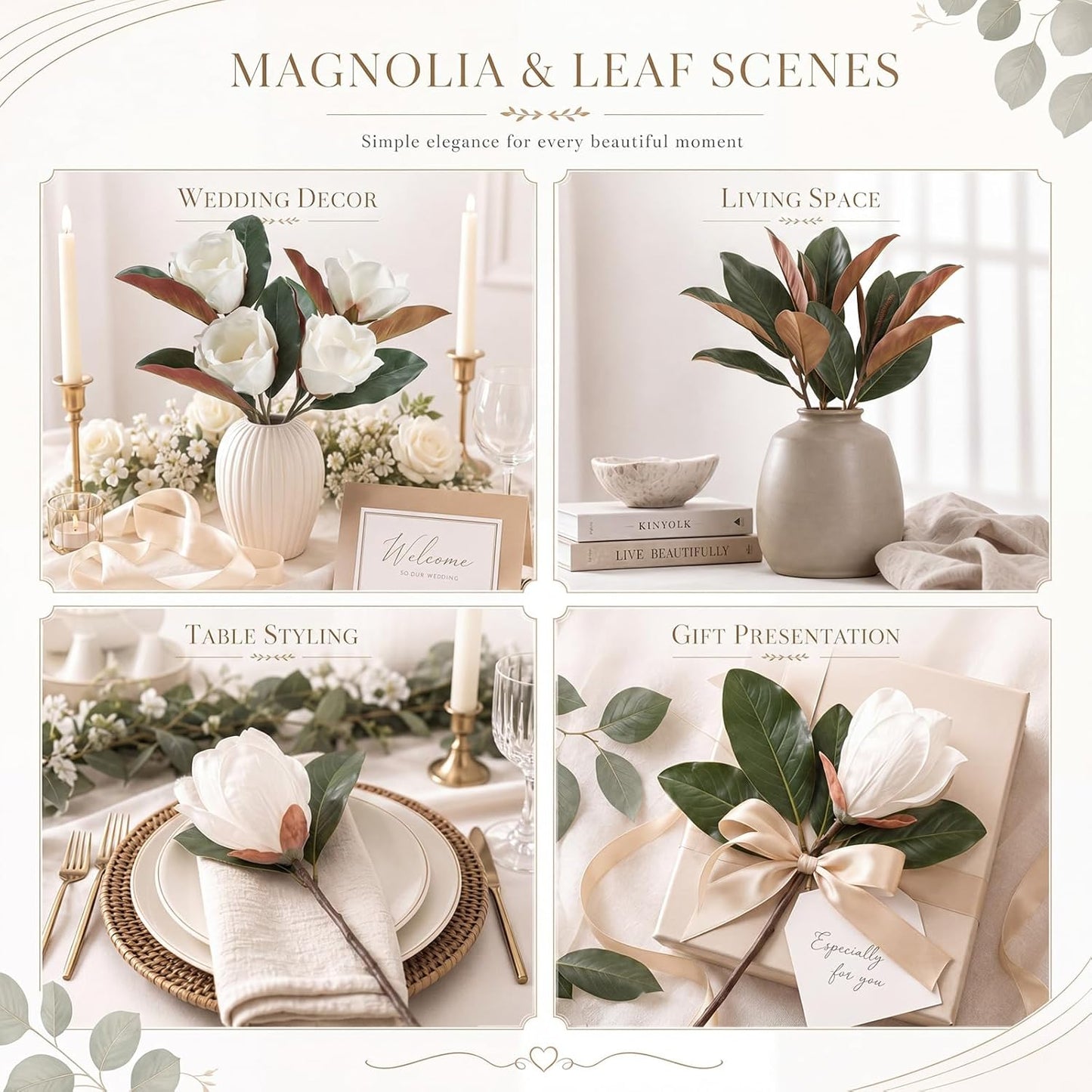 8 Pcs Magnolia Flower Set 4 White Artificial Magnolia Flower Stems 4 Branches, 15.7", 22" Faux Blooms for Wedding Bouquets, Mother's Day, Teacher Appreciation Gifts, Home Decor