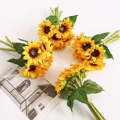 6PCS Artificial Flowers Sunflowers Bouquet, Faux Flowers with Stems Fake Sunflowers Bulk for Wedding Floral Arrangement Home Party Office Indoor Outdoor Fall Autumn Decor