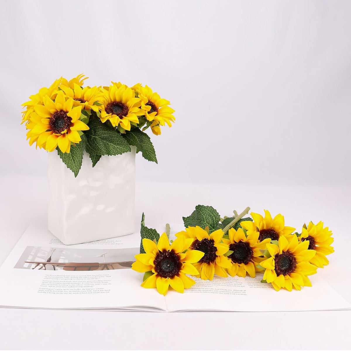 6PCS Artificial Flowers Sunflowers Bouquet, Faux Flowers with Stems Fake Sunflowers Bulk for Wedding Floral Arrangement Home Party Office Indoor Outdoor Fall Autumn Decor
