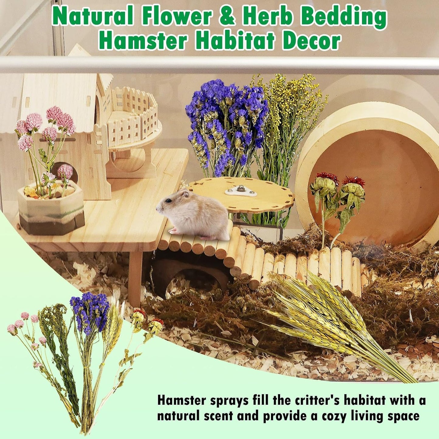 Natural Flower & Herb Hamster Bedding Habitat Decor Guinea Pig Bedding Hamster Sprays Hamster Cage Accessories for Guinea Pig Dwarf Syrian Gerbils Mice Mouse Rat (Flower Version)