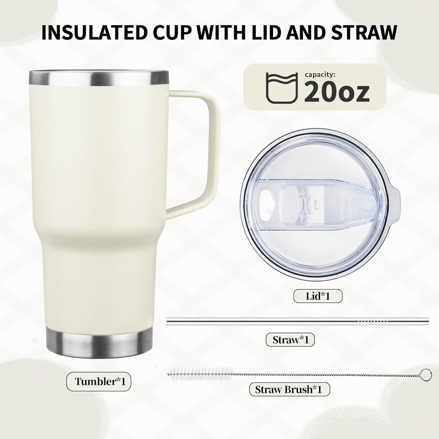 20oz Insulated Tumbler with Handle Stainless Steel Travel Coffee Mug with Lid and Straw Double Wall Vacuum Leak-proof Reusable Thermal Water Cup for Hot and Cold Drinks (Yellow,1 Pack)