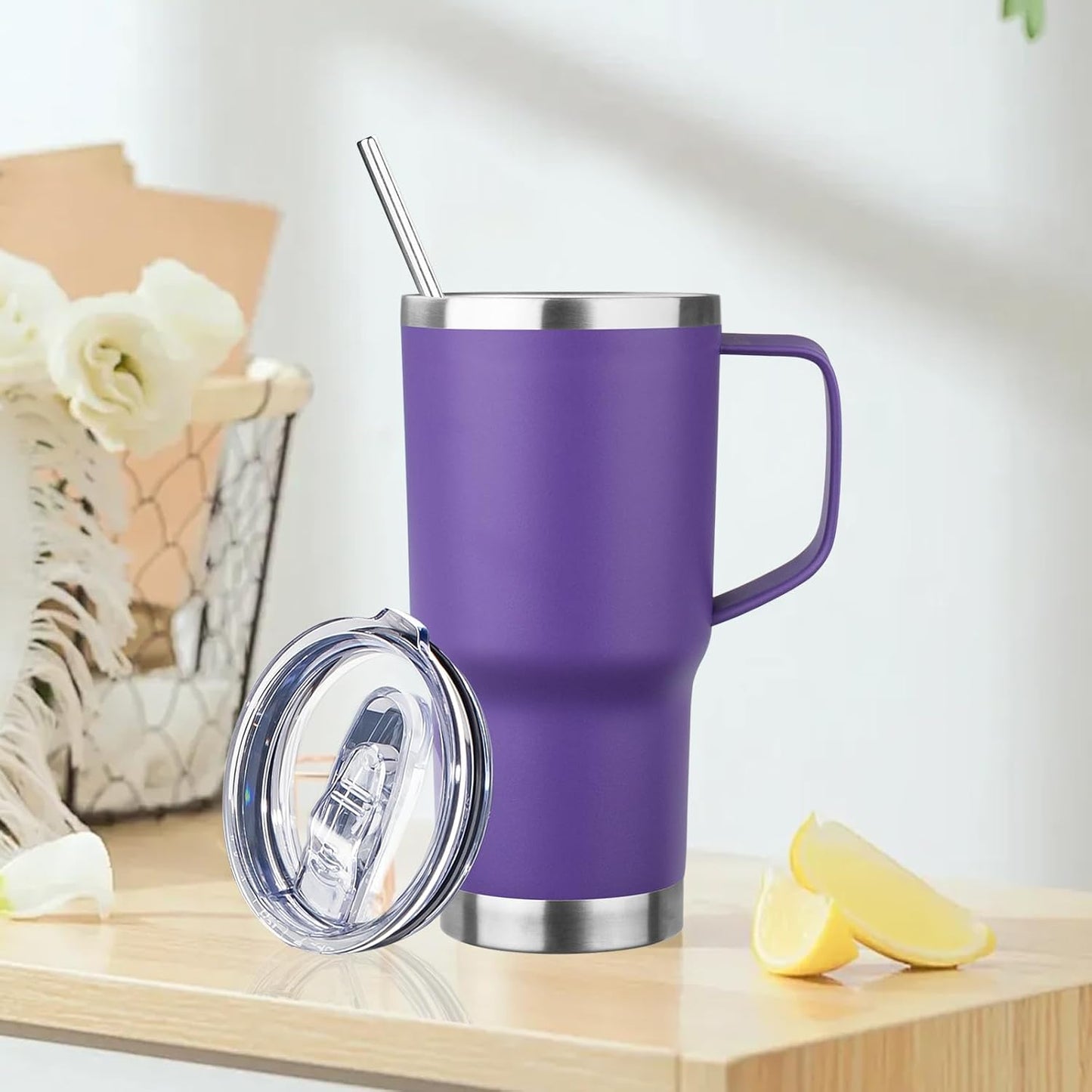 20oz Insulated Tumbler with Handle Stainless Steel Travel Coffee Mug with Lid and Straw Double Wall Vacuum Leak-proof Reusable Thermal Water Cup for Hot and Cold Drinks (Yellow,1 Pack)
