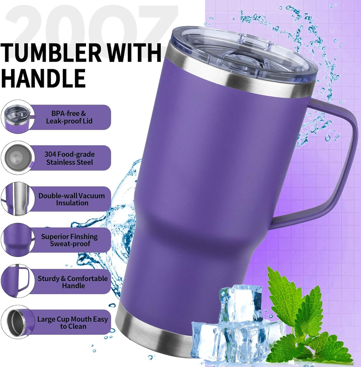 20oz Insulated Tumbler with Handle Stainless Steel Travel Coffee Mug with Lid and Straw Double Wall Vacuum Leak-proof Reusable Thermal Water Cup for Hot and Cold Drinks (Yellow,1 Pack)
