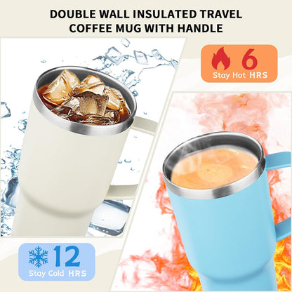 20oz Insulated Tumbler with Handle Stainless Steel Travel Coffee Mug with Lid and Straw Double Wall Vacuum Leak-proof Reusable Thermal Water Cup for Hot and Cold Drinks (Yellow,1 Pack)