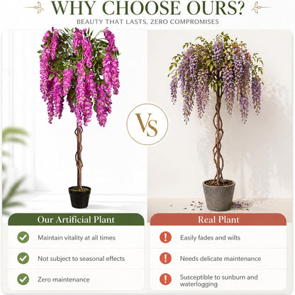 5ft Artificial Wisteria Tree, Fake Tree with Firmly Attached Blooms for Less Shedding, Faux Trees Indoor Outdoor Home Office Living Room Decor, Potted Floor Plant