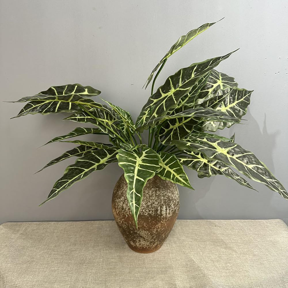 2Pcs Alocasia African Taro Artificial Plant 28In Fake Greenery Taro Bush for Garden Porch Window Box Shop Office Home Wedding Decor