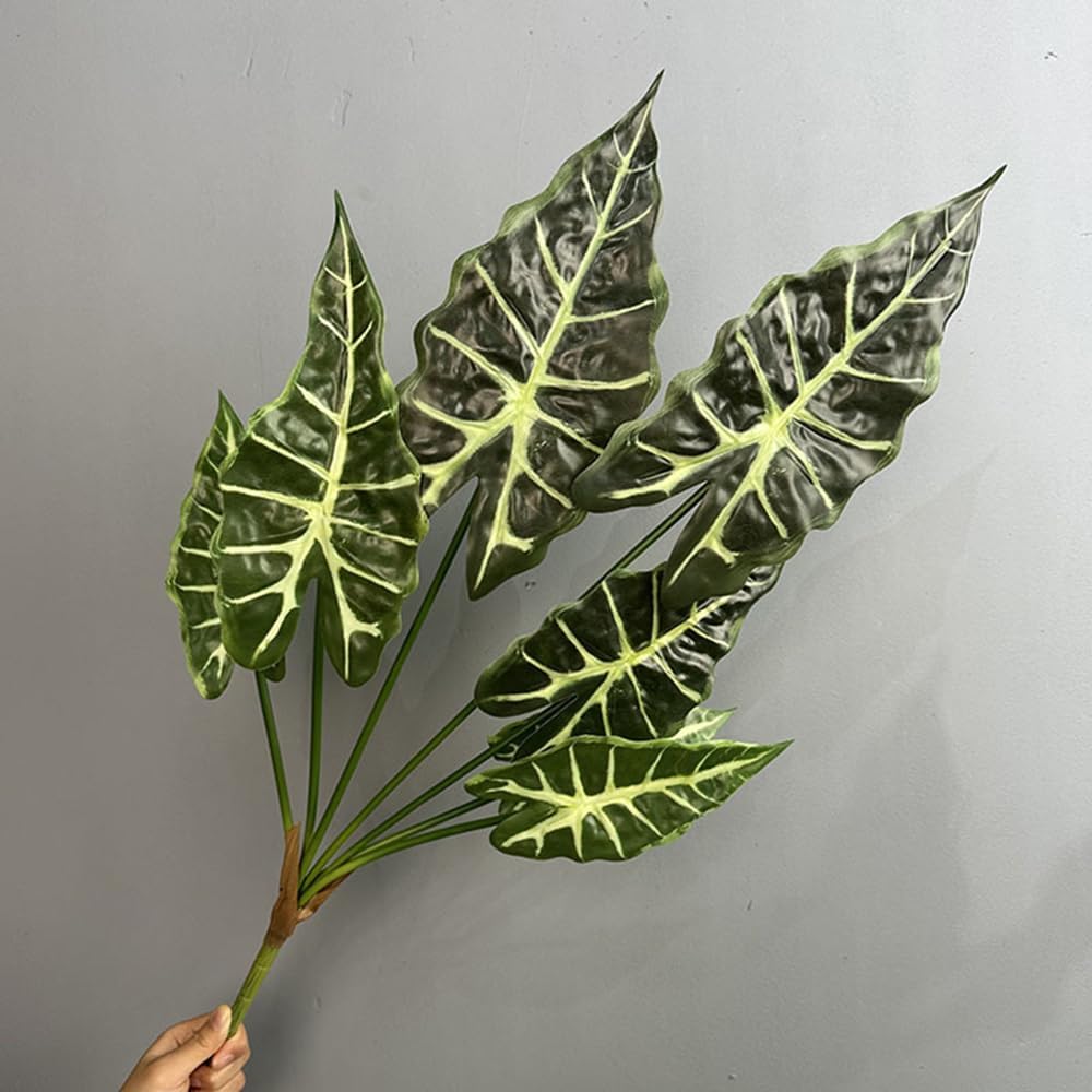 2Pcs Alocasia African Taro Artificial Plant 28In Fake Greenery Taro Bush for Garden Porch Window Box Shop Office Home Wedding Decor