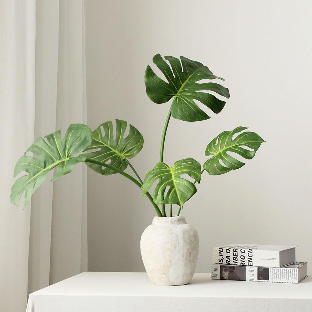 5Pcs Artificial Monstera Leaves, Tropical Palm Leaves with Stems for Vase