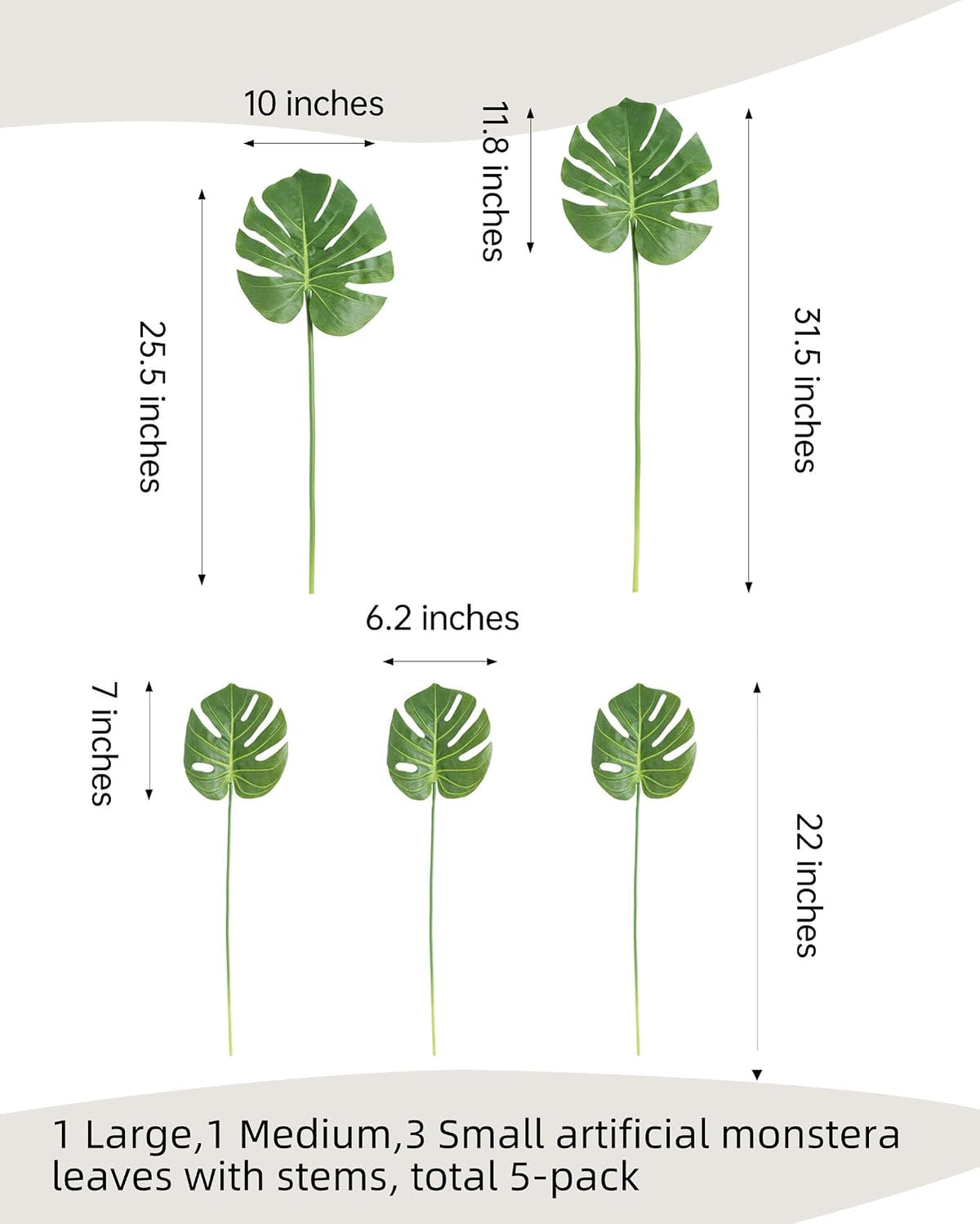 5Pcs Artificial Monstera Leaves, Tropical Palm Leaves with Stems for Vase