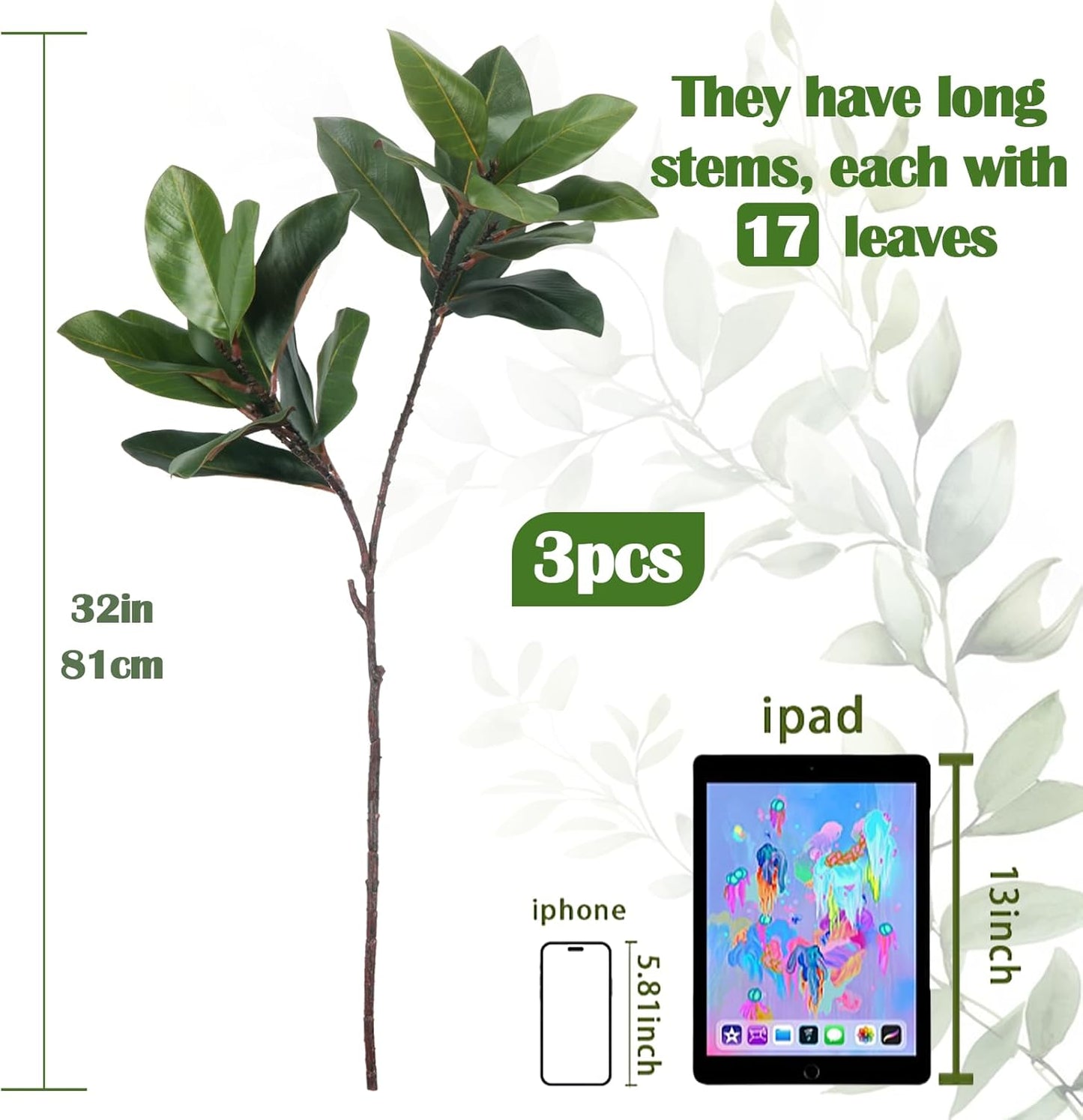 3 PCS 32" Magnolia Leaves Artificial Magnolia Stems Greenery for Vase