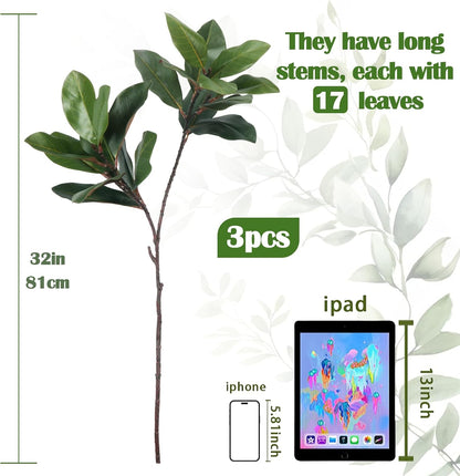 3 PCS 32" Magnolia Leaves Artificial Magnolia Stems Greenery for Vase