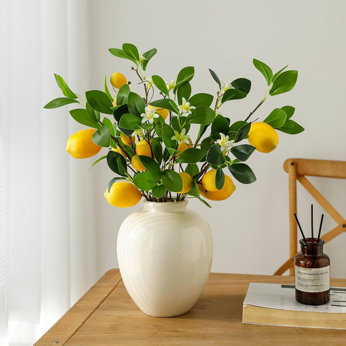 2 Bunches Artificial Lemons Branches, 16 Heads Fake Lemon Branches with Lemons for Vase, Realistic Fake Lemon Decoration for Farmhouse Style Party Table Centerpiece and Home Decor