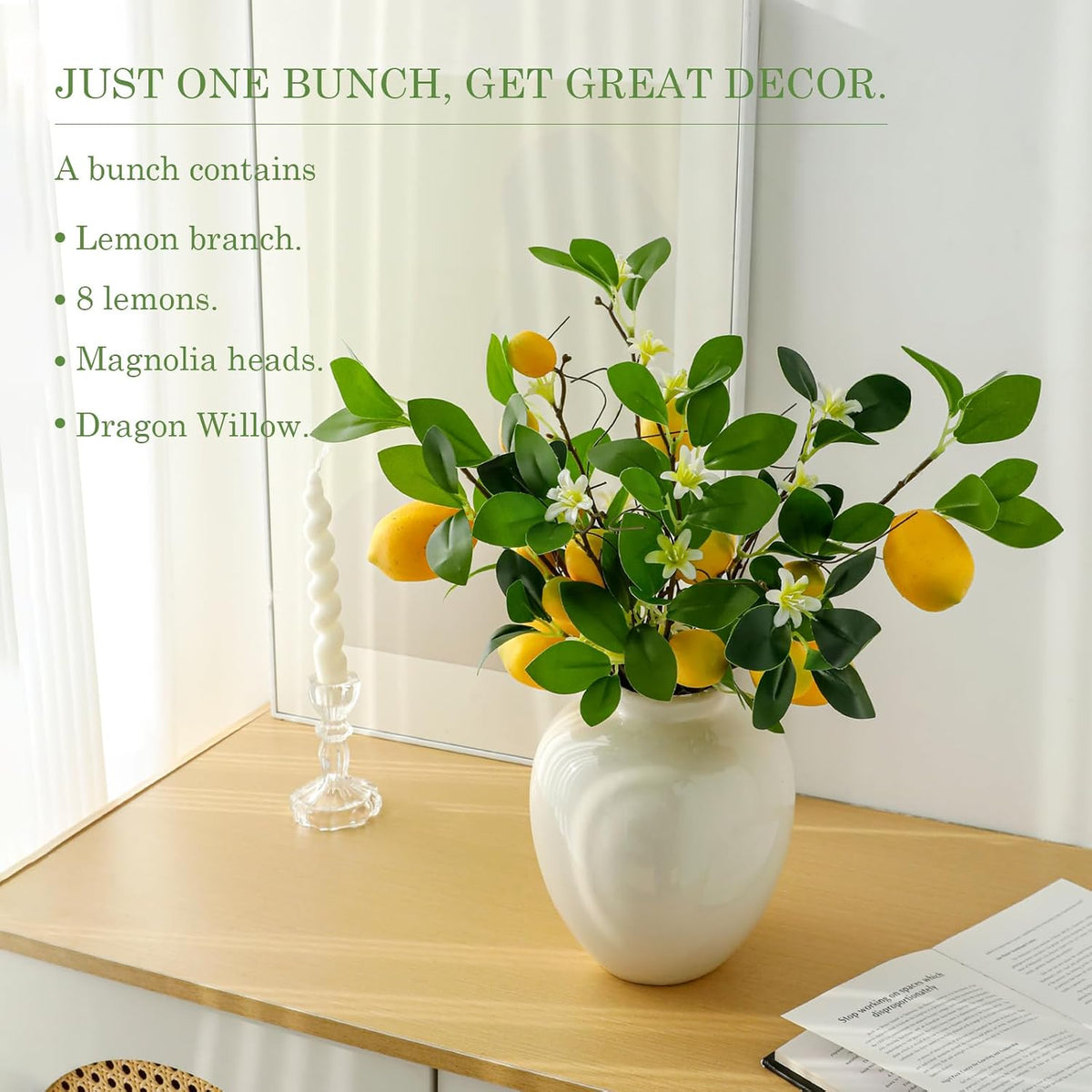 2 Bunches Artificial Lemons Branches, 16 Heads Fake Lemon Branches with Lemons for Vase, Realistic Fake Lemon Decoration for Farmhouse Style Party Table Centerpiece and Home Decor