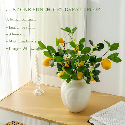 2 Bunches Artificial Lemons Branches, 16 Heads Fake Lemon Branches with Lemons for Vase, Realistic Fake Lemon Decoration for Farmhouse Style Party Table Centerpiece and Home Decor