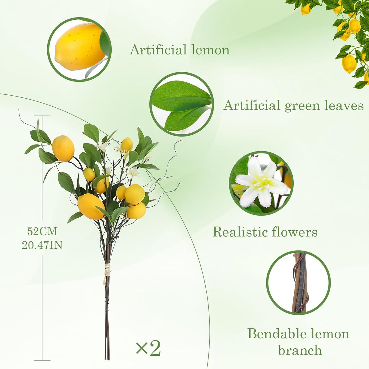2 Bunches Artificial Lemons Branches, 16 Heads Fake Lemon Branches with Lemons for Vase, Realistic Fake Lemon Decoration for Farmhouse Style Party Table Centerpiece and Home Decor