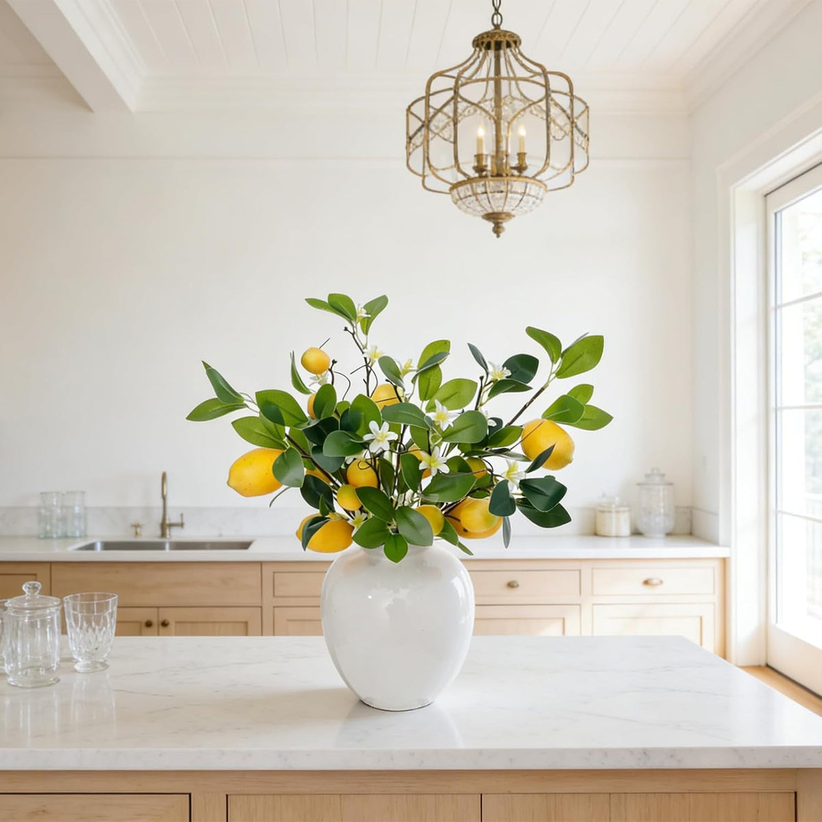2 Bunches Artificial Lemons Branches, 16 Heads Fake Lemon Branches with Lemons for Vase, Realistic Fake Lemon Decoration for Farmhouse Style Party Table Centerpiece and Home Decor