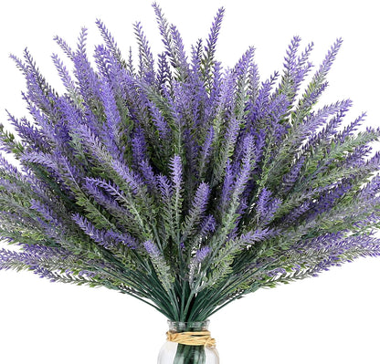Artificial Flowers for Outdoors UV Resistant, 15 Bundles Fake Flowers Faux Plastic Plants Purple Lavender for Home Office Wedding Garden Porch Window Box Decor