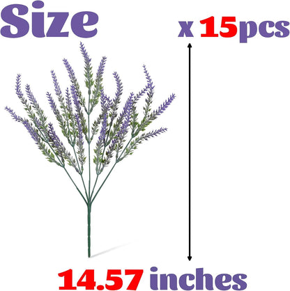 Artificial Flowers for Outdoors UV Resistant, 15 Bundles Fake Flowers Faux Plastic Plants Purple Lavender for Home Office Wedding Garden Porch Window Box Decor