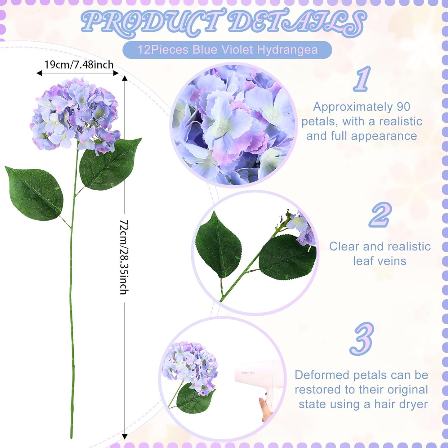 12 Pieces Spring Artificial Hydrangea for Wedding Faux Fake Silk Hydrangea Flowers with Stems for Birthday DIY Bouquet Home Decorations Flower Arrangement Supplies(Blue Violet)