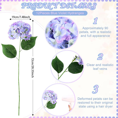 12 Pieces Spring Artificial Hydrangea for Wedding Faux Fake Silk Hydrangea Flowers with Stems for Birthday DIY Bouquet Home Decorations Flower Arrangement Supplies(Blue Violet)