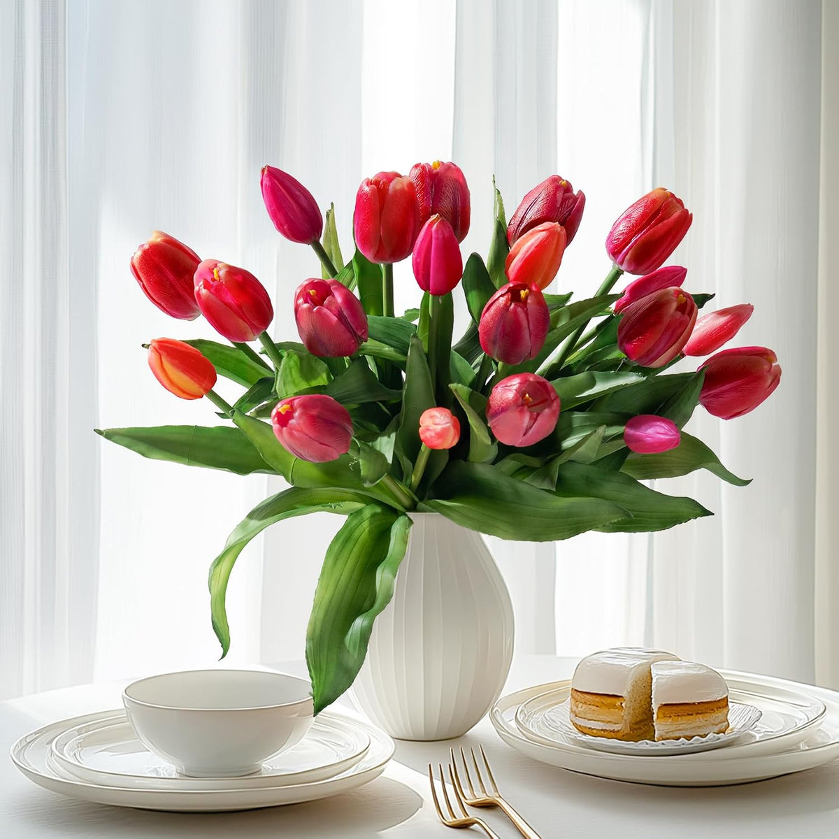 20PCS Fake Tulips Artificial Tulip Silk Flowers Fake PU Bouquet Artificial Flowers Faux Flowers with Gift Box Soft Faux Tulips Bouquets Arrangements for Party Wedding Home