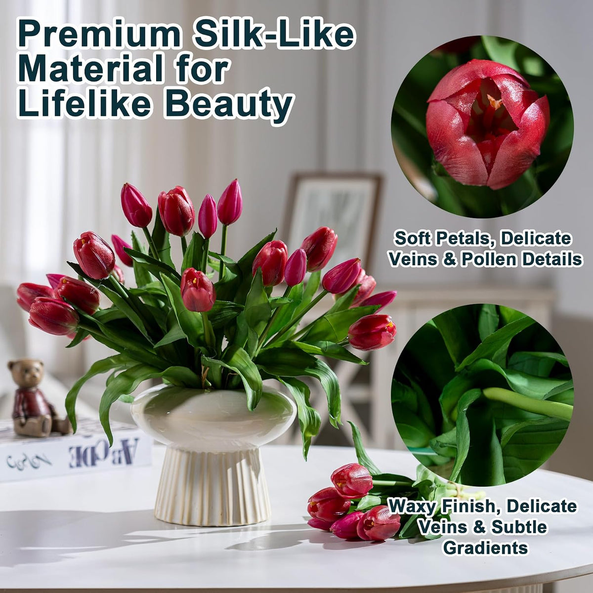 20PCS Fake Tulips Artificial Tulip Silk Flowers Fake PU Bouquet Artificial Flowers Faux Flowers with Gift Box Soft Faux Tulips Bouquets Arrangements for Party Wedding Home