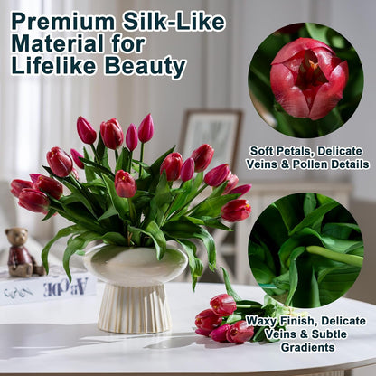 20PCS Fake Tulips Artificial Tulip Silk Flowers Fake PU Bouquet Artificial Flowers Faux Flowers with Gift Box Soft Faux Tulips Bouquets Arrangements for Party Wedding Home